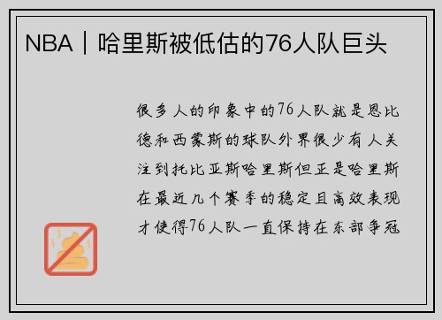 NBA｜哈里斯被低估的76人队巨头