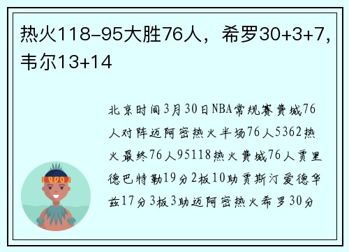 热火118-95大胜76人，希罗30+3+7，韦尔13+14